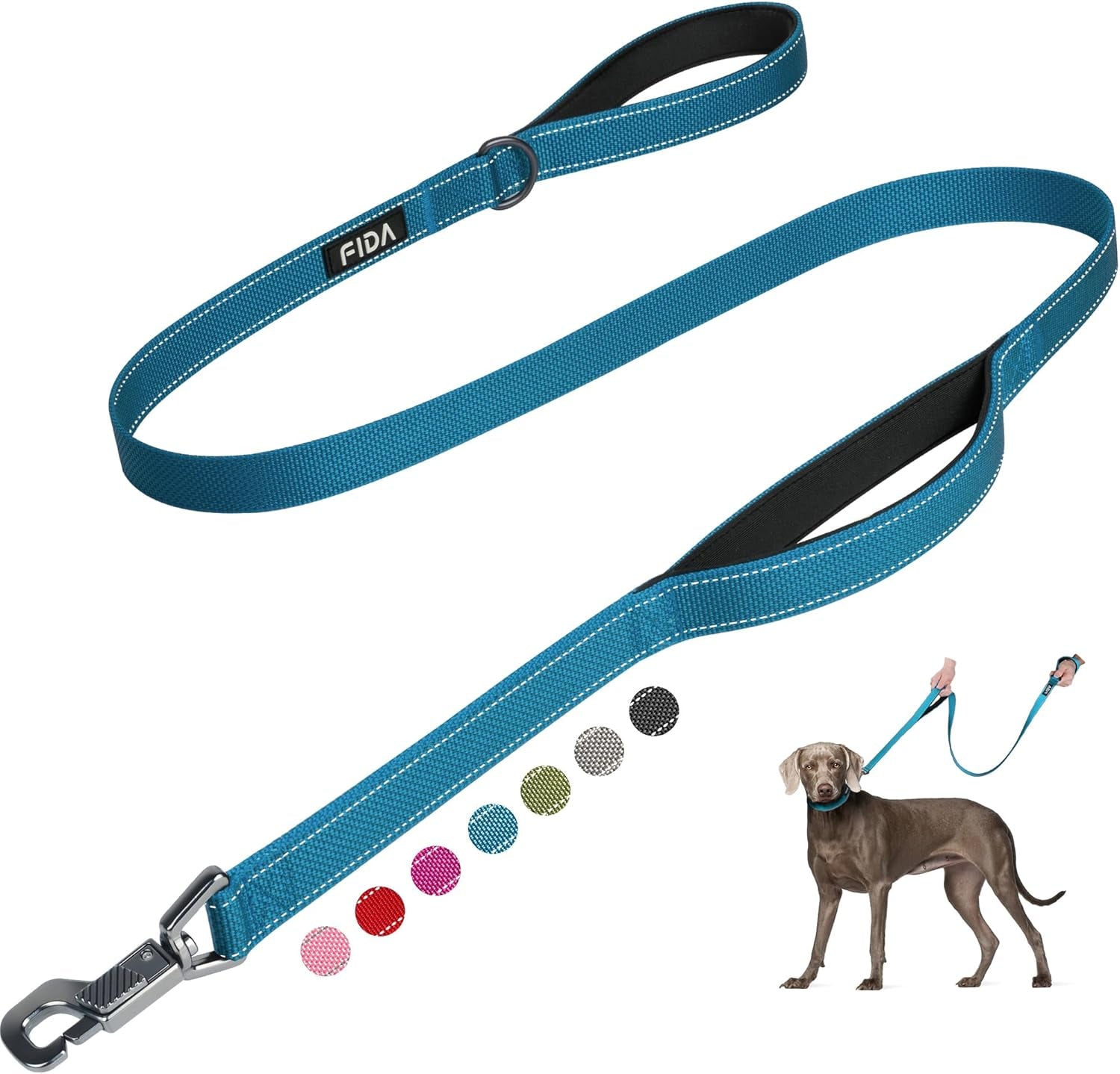 5 FT Heavy-Duty Dog Leash with Dual Padded Handles, Traffic Handle, Advanced Snap Hook, and Reflective Design for All Dog Breeds - Blue